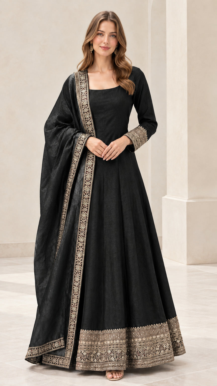 Black embroidered Anarkali maxi dress with matching draped dupatta