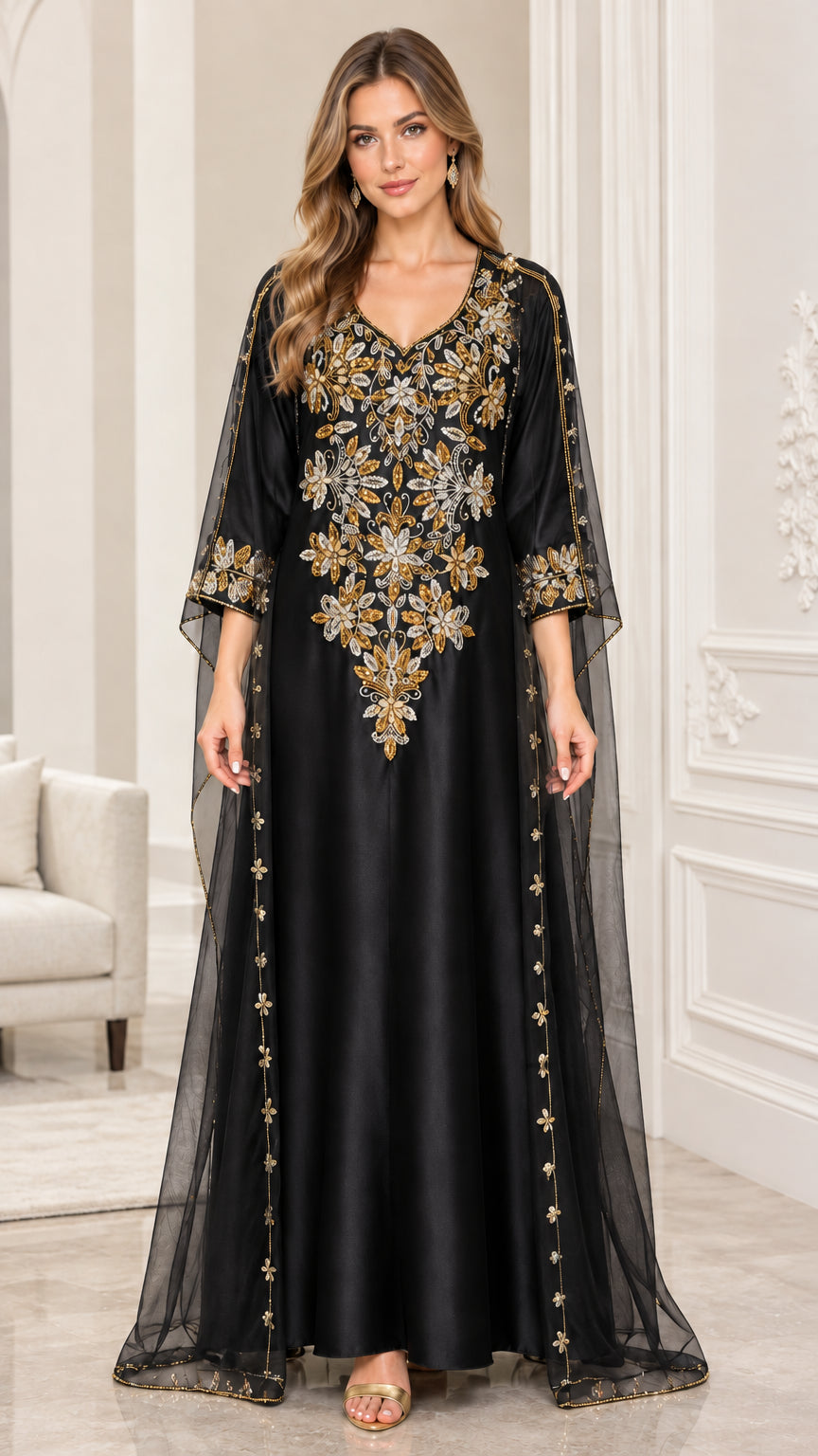 Model wearing Black embroidered cape kaftan maxi dress with gold floral motifs