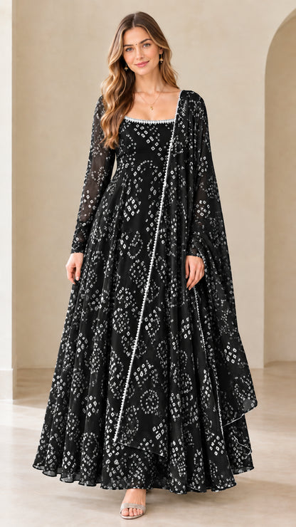 Front view of black printed flared long sleeve maxi gown
