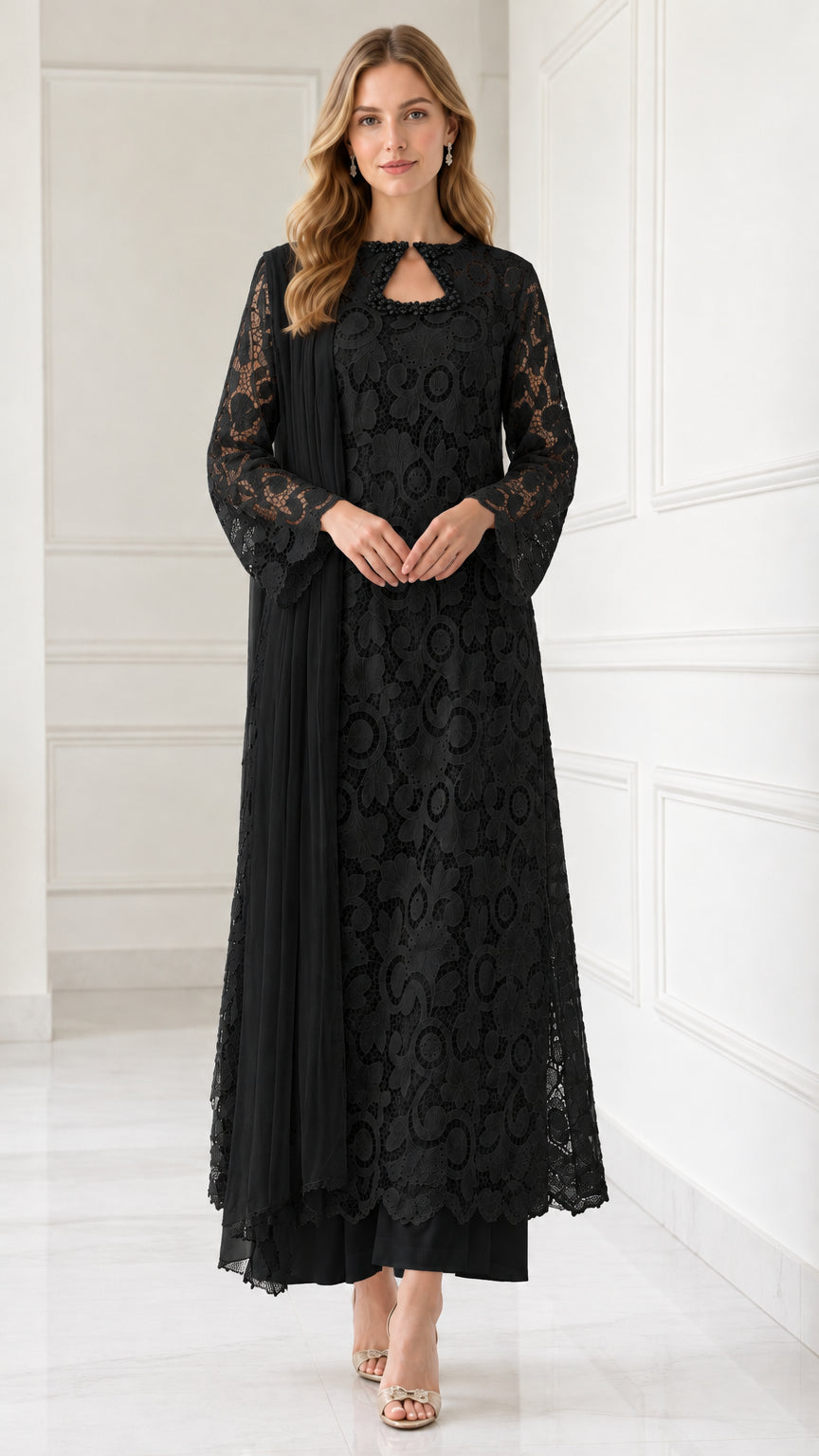 Full-length view of Black floral lace 3-piece tunic set with beaded neckline