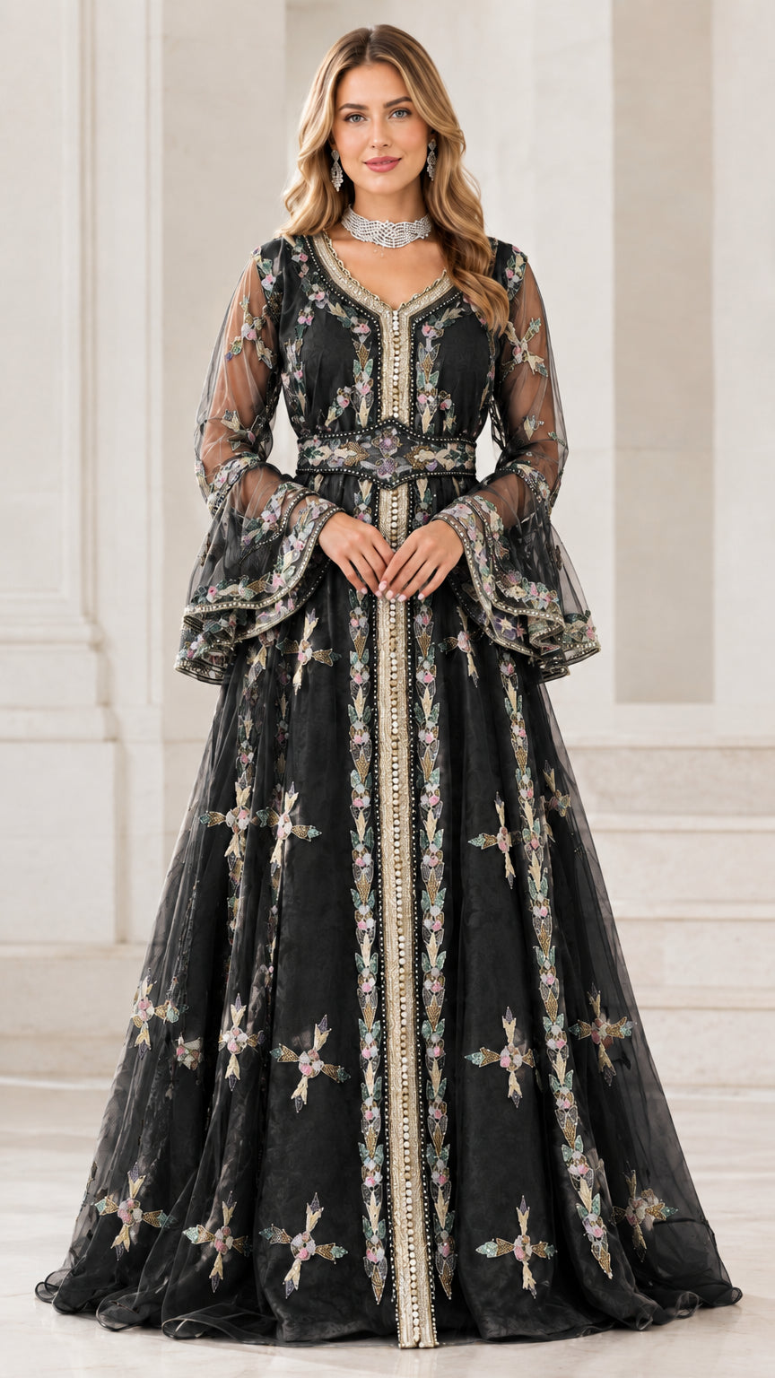 Black embroidered Moroccan kaftan formal evening dress