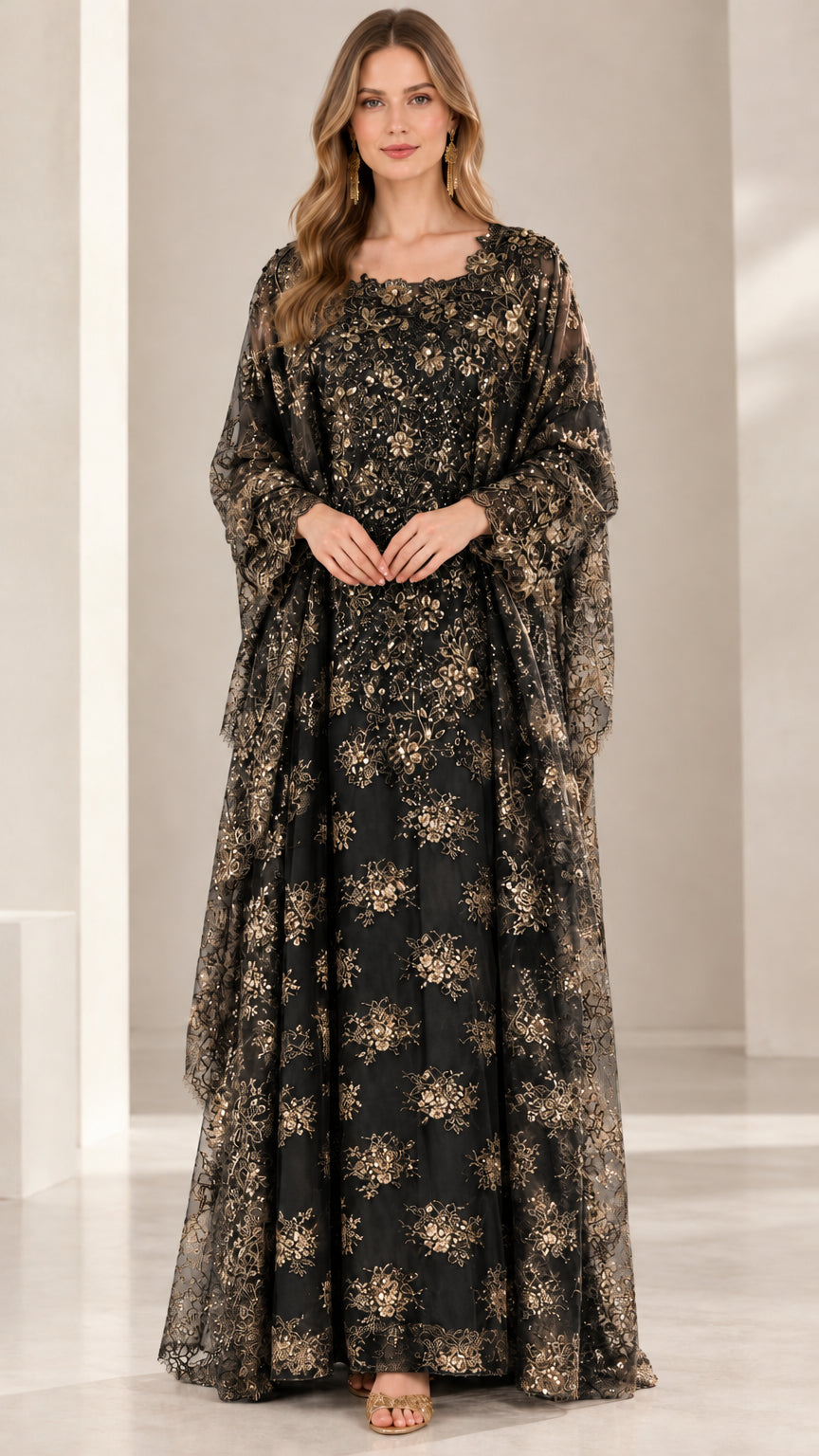 Front view of black and gold embroidered sequin kaftan maxi dress