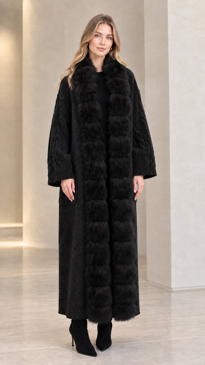 Front view of black faux fur trim maxi cable knit cardigan coat