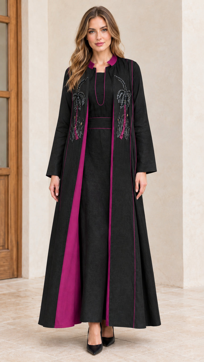 Black embroidered two-piece abaya maxi dress set with magenta contrast lining