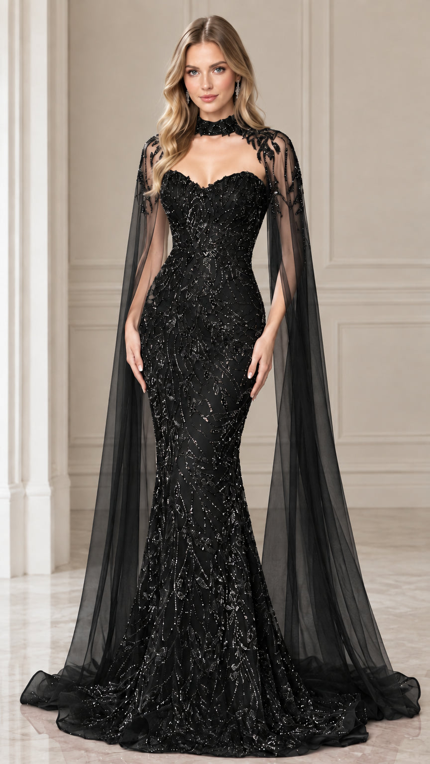 Black sequined mermaid evening gown with attached sheer floor-length cape