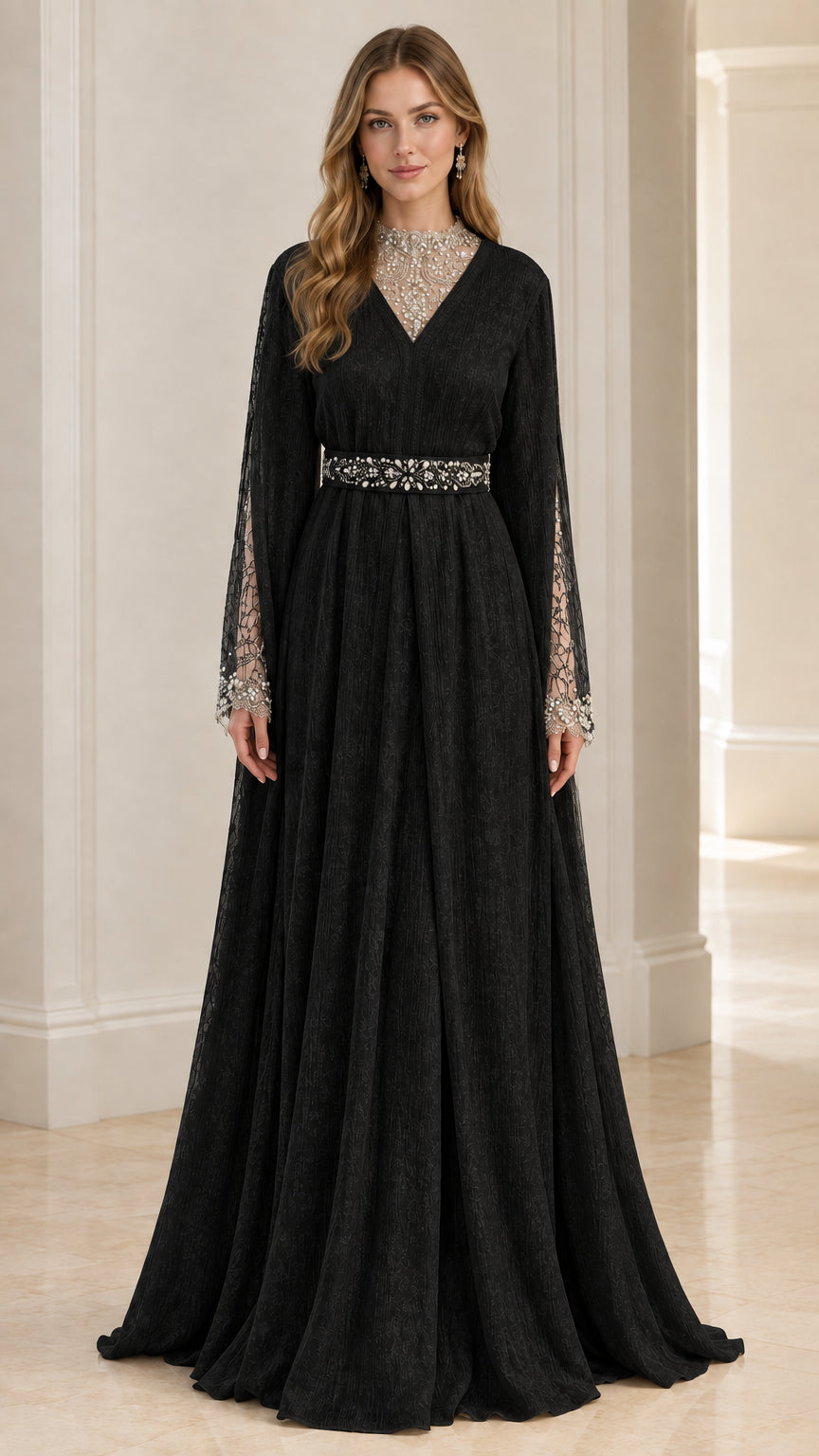 Full front view of black long sleeve beaded evening maxi gown