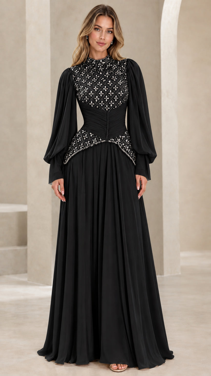 Black embellished high neck long sleeve chiffon formal maxi gown