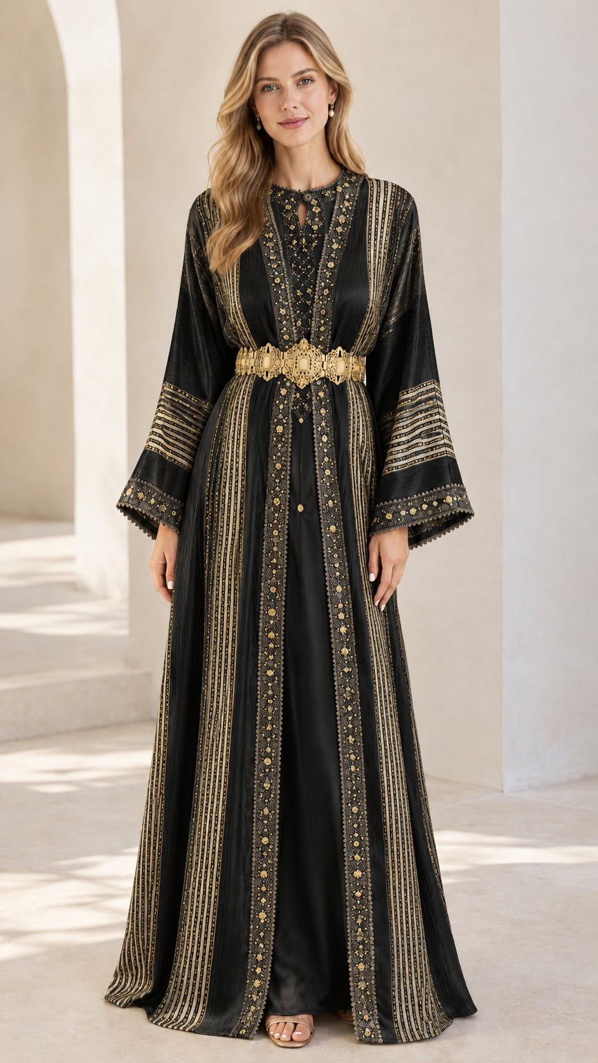 Black embroidered kaftan dress with ornate gold belt and flared sleeves