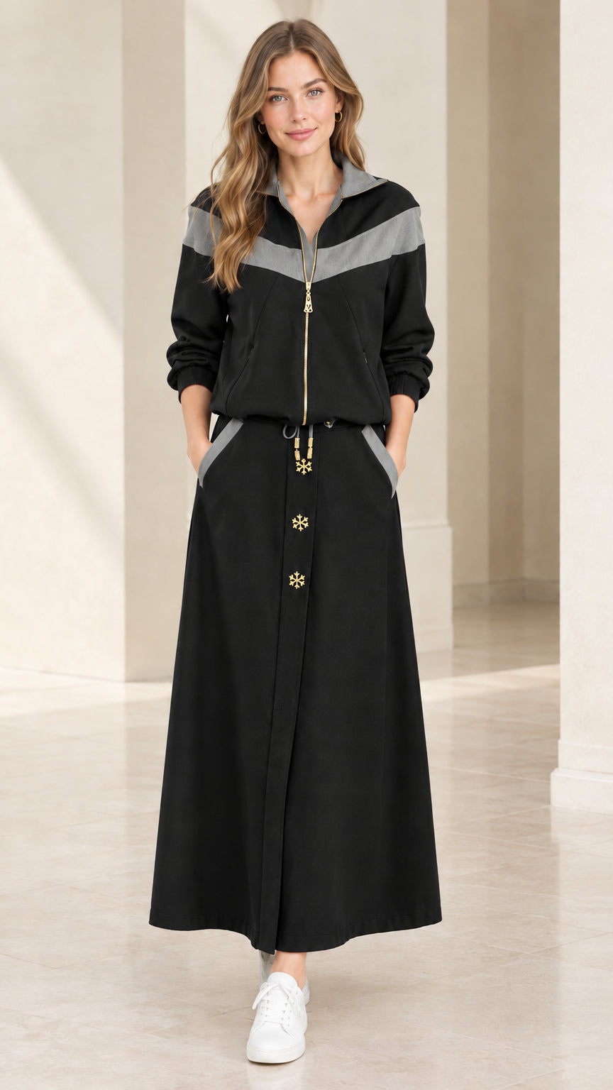 Full front view of black chevron colorblock two-piece maxi set