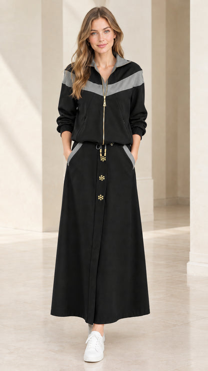 Full front view of black chevron colorblock two-piece maxi set