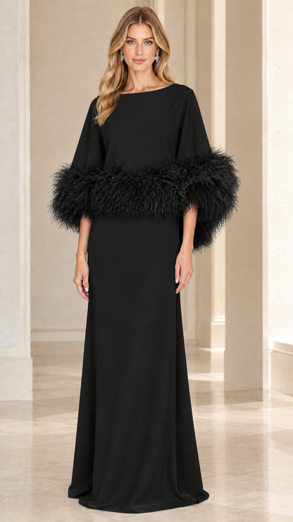 Front full-length view of black feather-trim cape sleeve evening gown