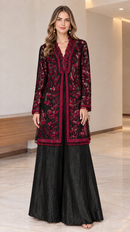 Black and burgundy floral embroidered tunic with matching black wide-leg pants