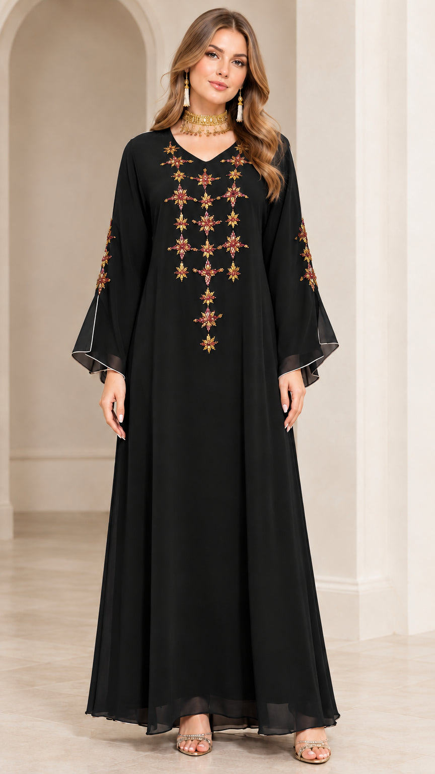 Full-length front view of model wearing Black embroidered maxi abaya dress