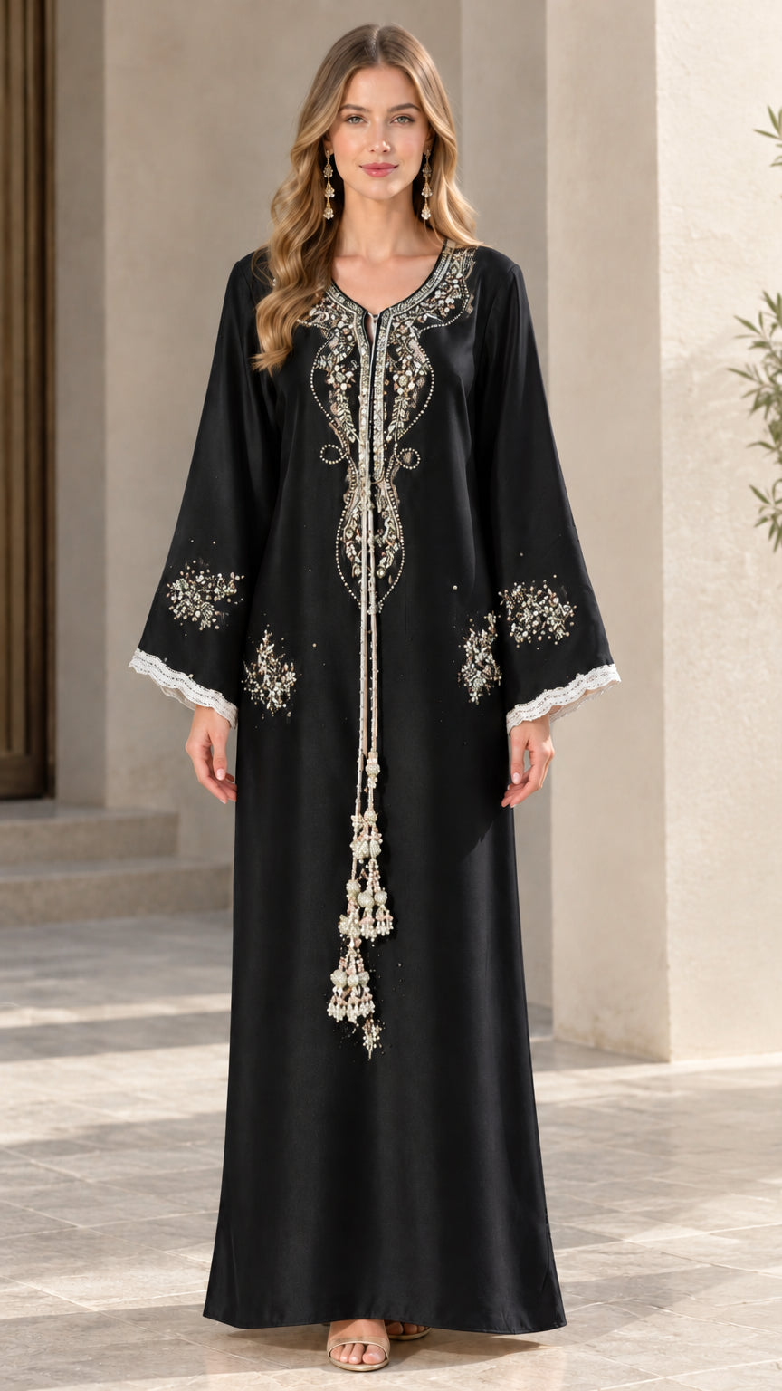 Full-length view of black embroidered kaftan maxi dress with flared sleeves