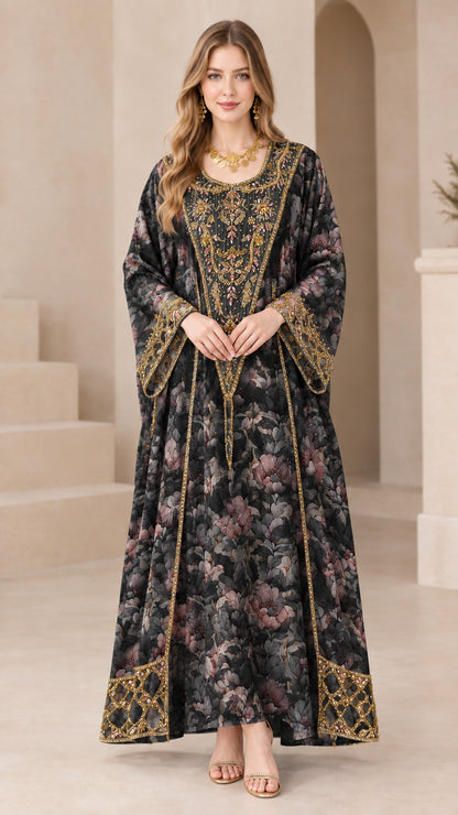 Black floral embroidered kaftan maxi dress