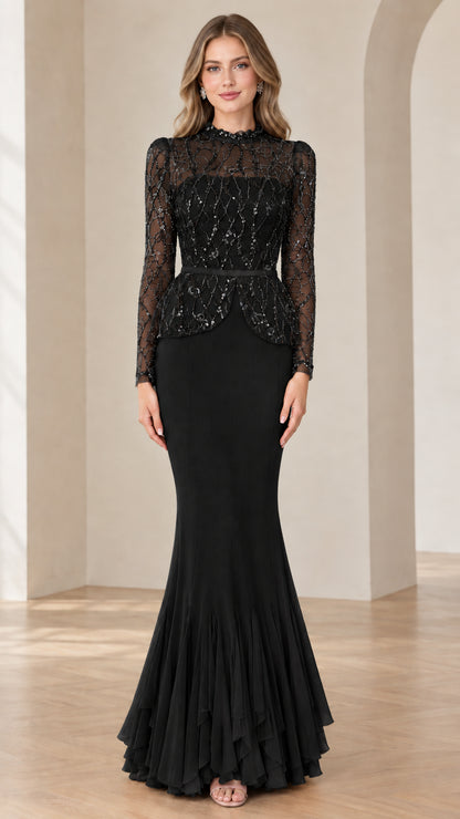 Front full-length view of black beaded high neck peplum mermaid evening dress