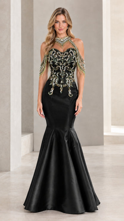 Black halter mermaid evening gown with gold beaded embellishments