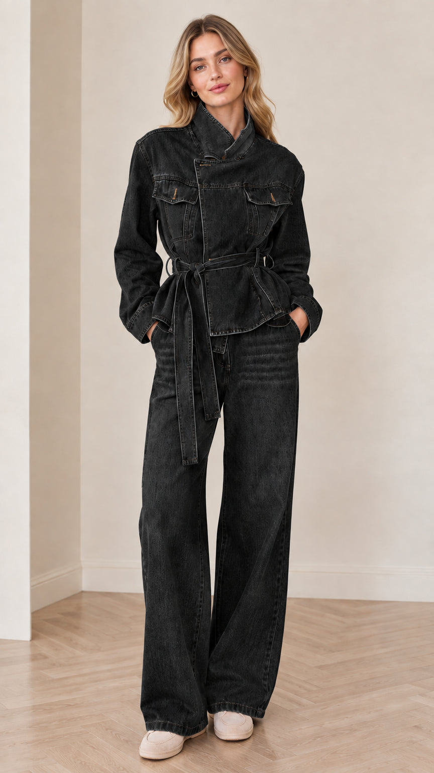 Front view of woman wearing Washed Black belted denim jacket and wide-leg pants set