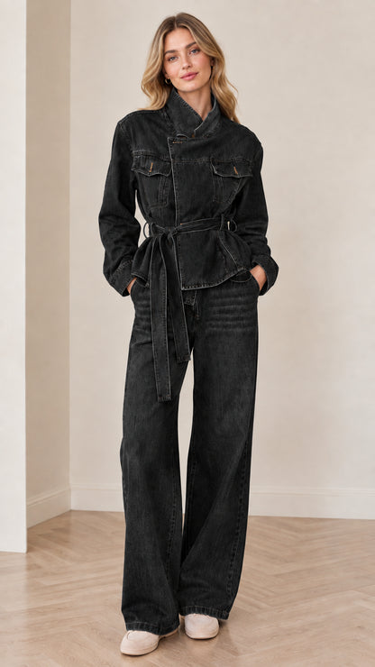 Front view of woman wearing Washed Black belted denim jacket and wide-leg pants set