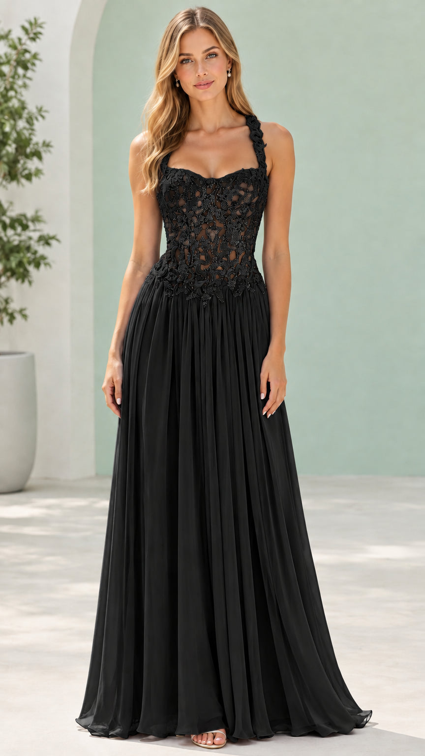 Black embroidered floral lace chiffon formal evening dress