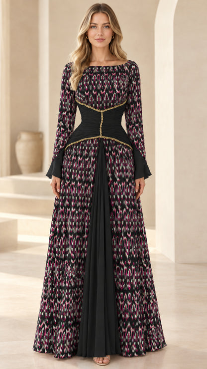 Black ikat print long sleeve maxi dress with contrast solid black waist panel