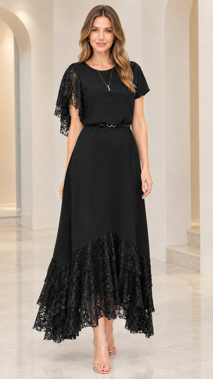 Black lace patchwork belted maxi dress full length front view