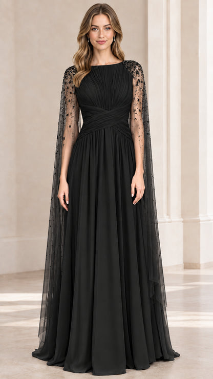 Black pleated evening gown with sheer beaded cape sleeves