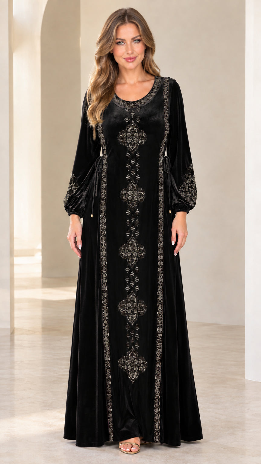 Front view of model wearing black embroidered velvet maxi dress