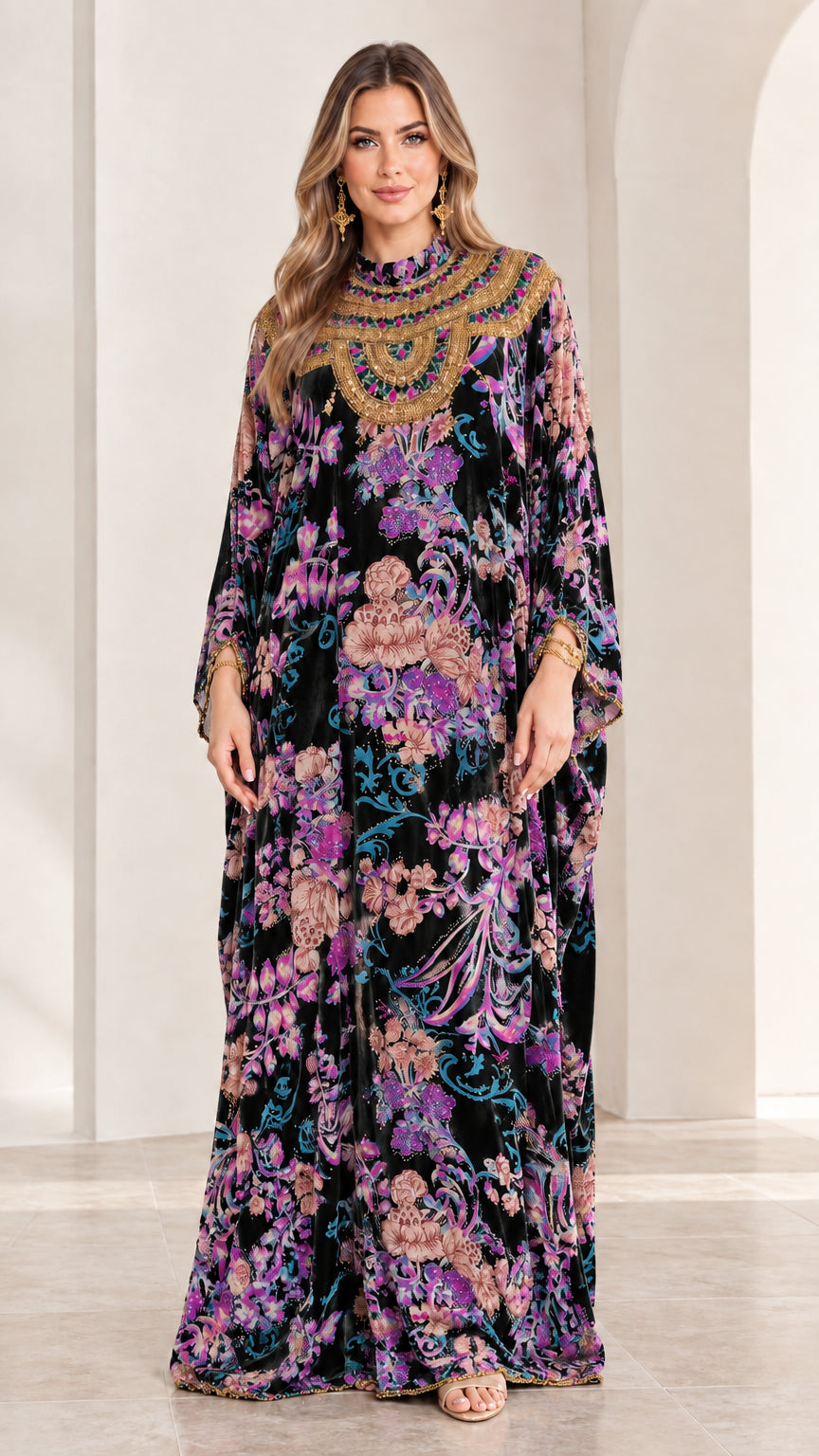 Front view of model wearing Black floral velvet embellished kaftan maxi dress