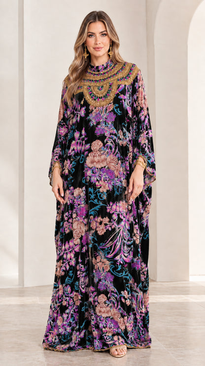 Front view of model wearing Black floral velvet embellished kaftan maxi dress