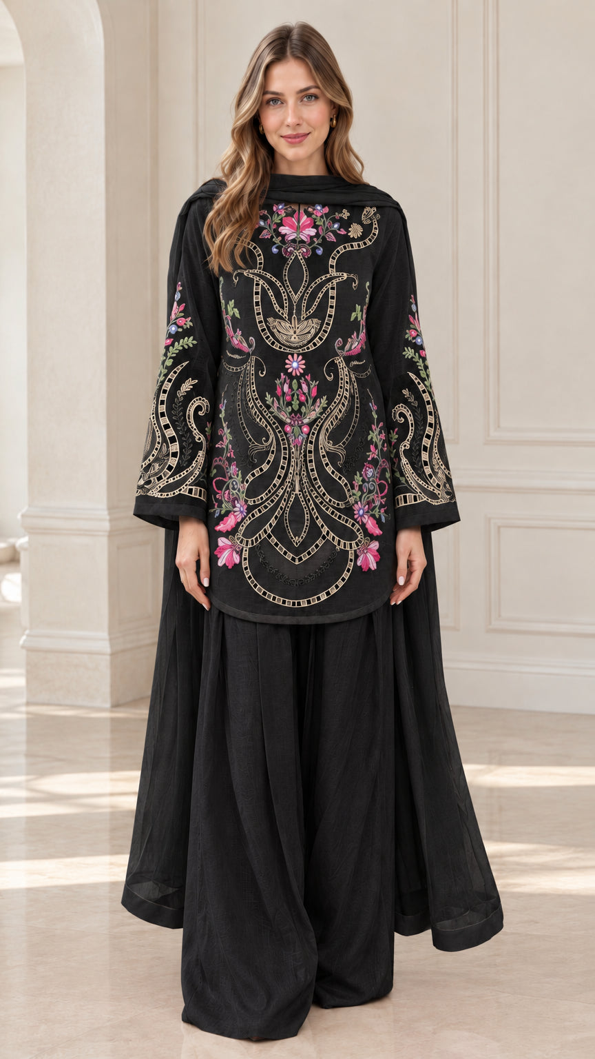 Woman wearing Black floral embroidered kurti palazzo set