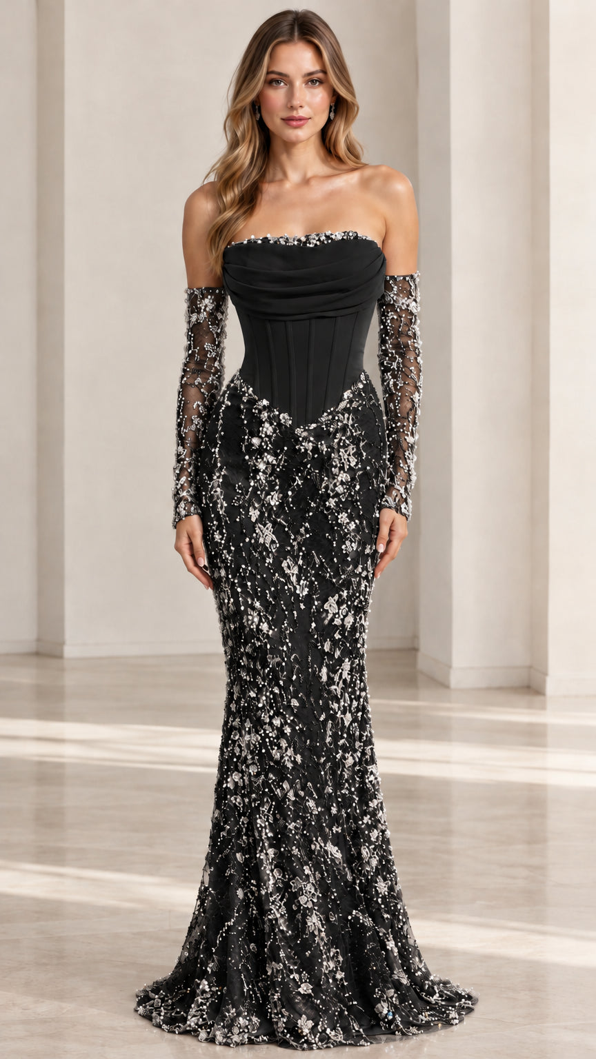 Woman wearing Black strapless corset mermaid evening dress with beaded sleeves