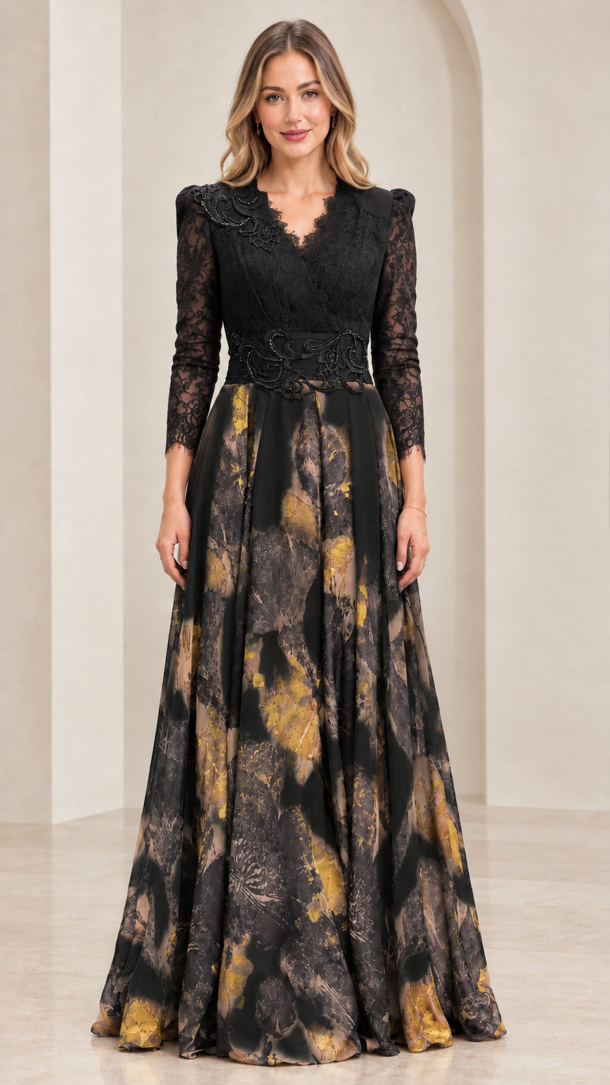 Front view of black lace bodice evening gown with gold and brown printed skirt