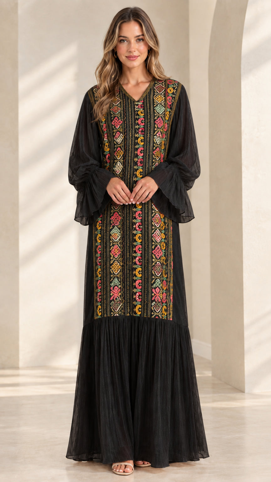 Black embroidered-style panel maxi dress with long bell sleeves