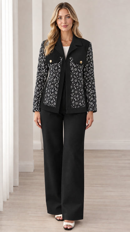 Model wearing Black geometric jacquard two-piece pant suit set