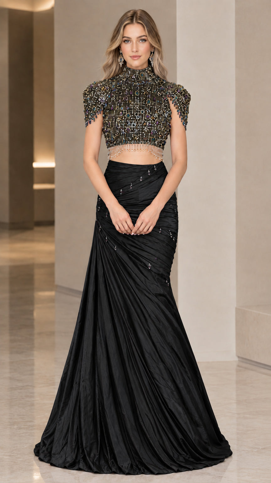 Full-length midnight black two-piece beaded evening gown with draped mermaid skirt