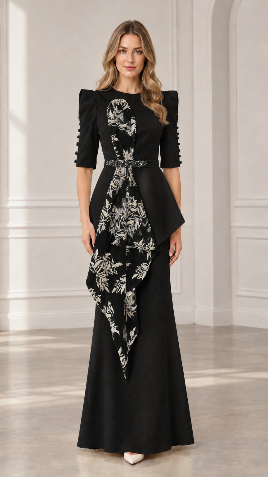 Black floral draped peplum maxi evening gown