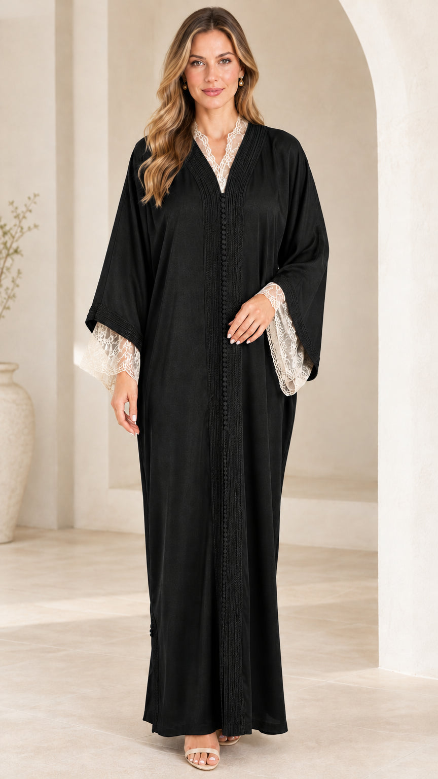 Black lace-trimmed long sleeve kaftan maxi abaya dress front view