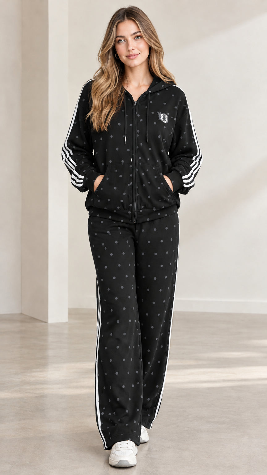 Model wearing black polka dot hooded tracksuit set with white side stripes