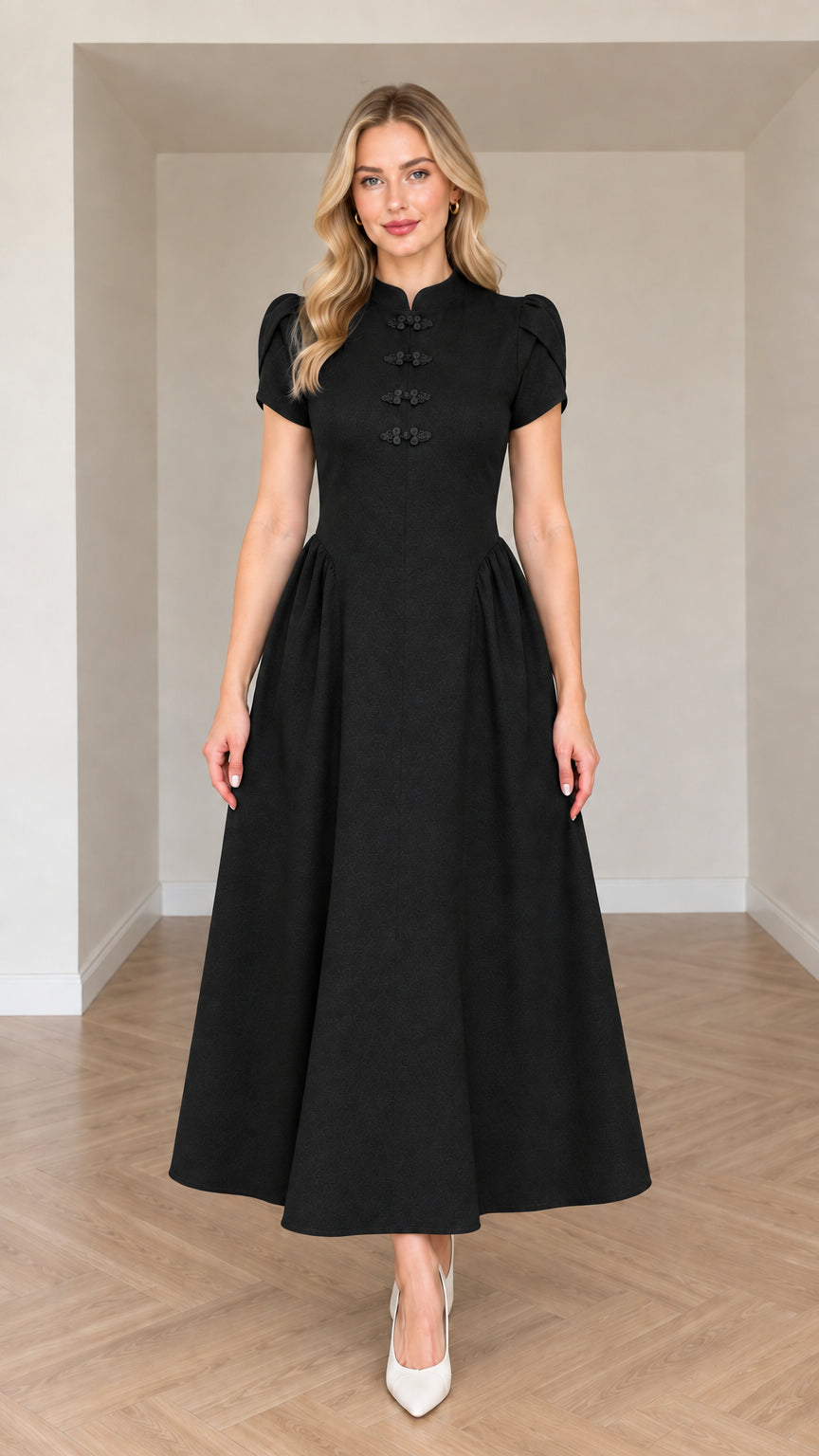 Front view of woman wearing Black mandarin collar A-line midi dress