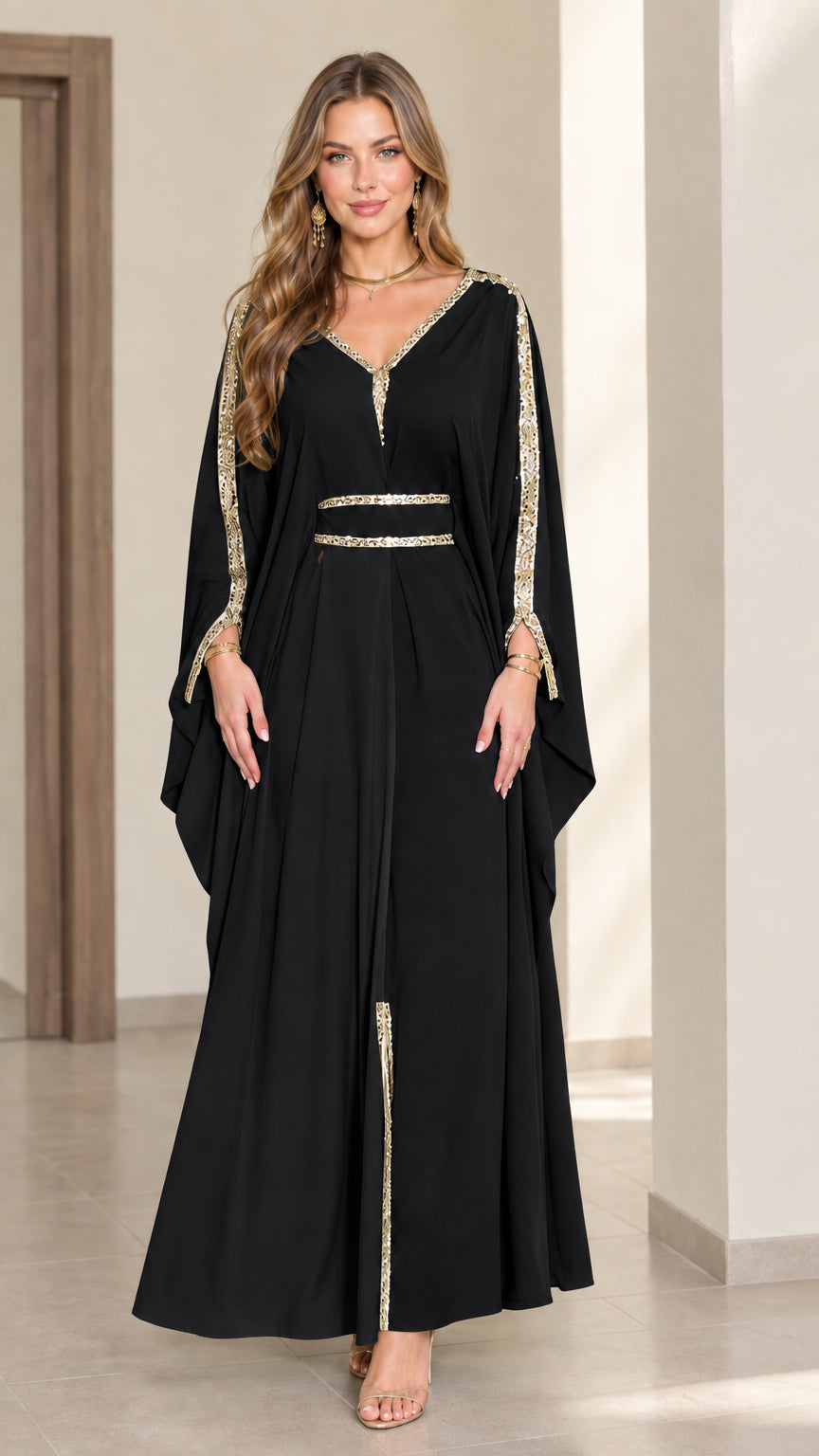 Black formal kaftan maxi dress with metallic gold embroidery