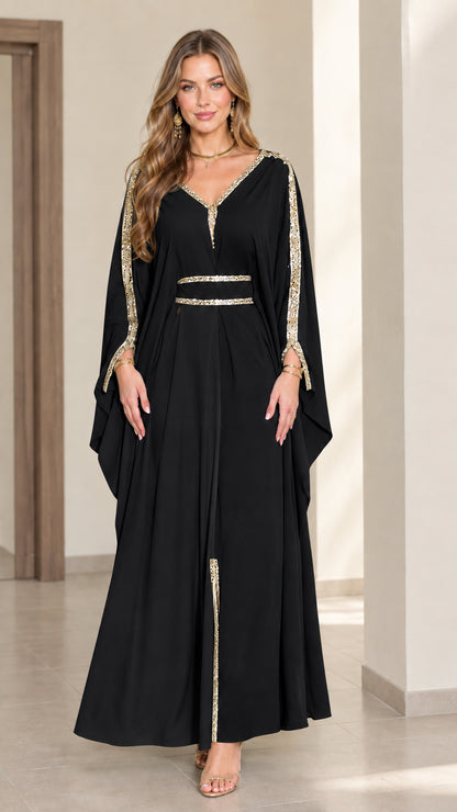 Black formal kaftan maxi dress with metallic gold embroidery