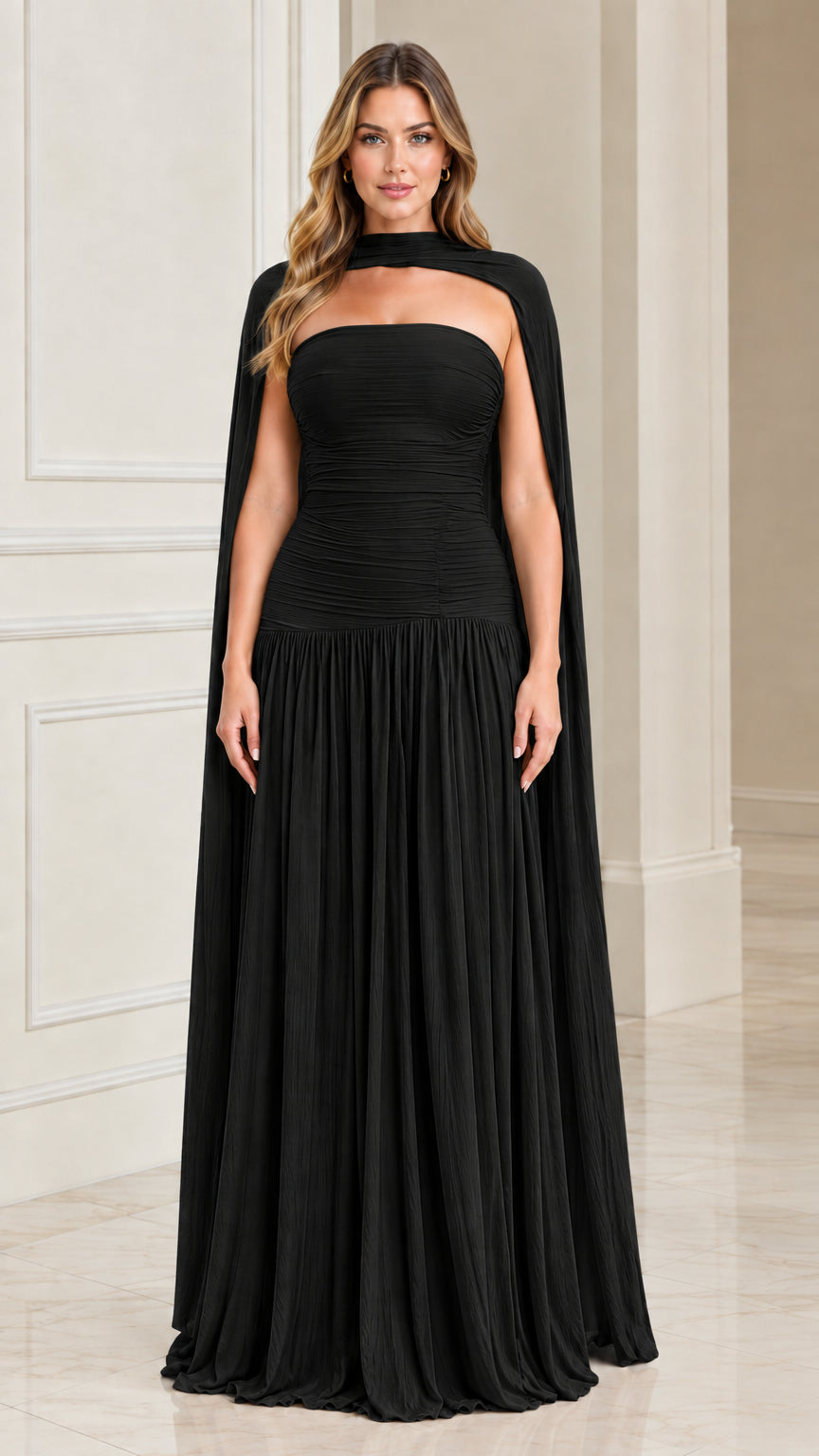 Black strapless ruched evening maxi gown with matching choker cape overlay