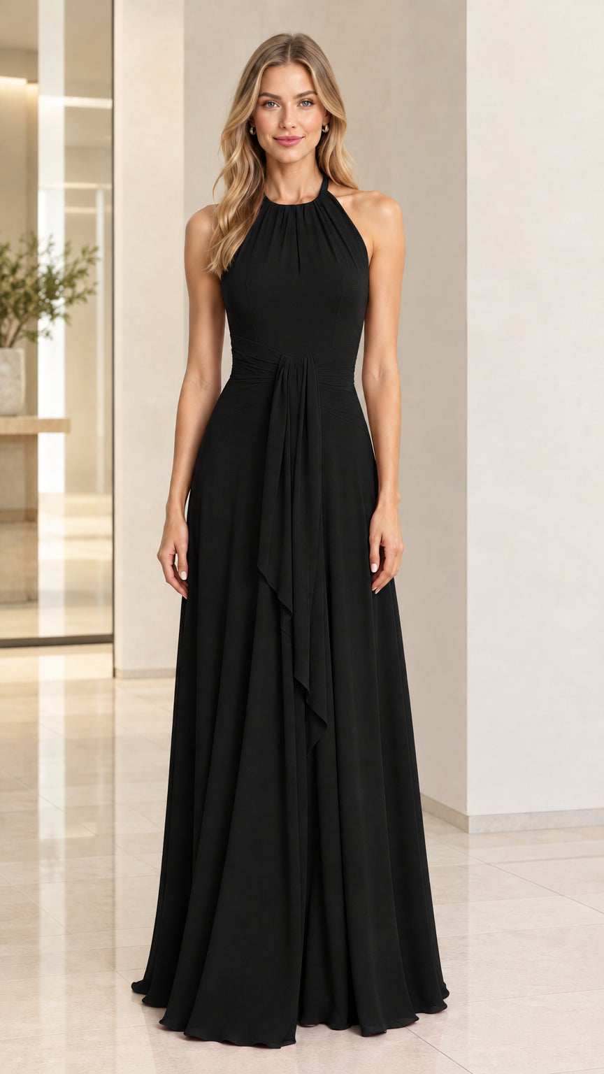 Model wearing a classic black halter neck pleated evening maxi dress