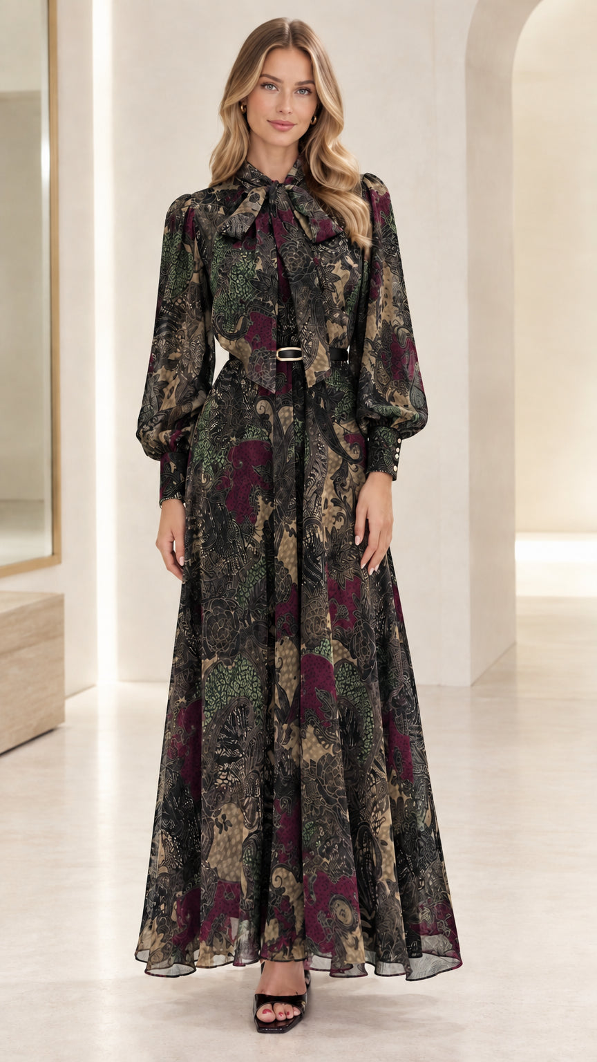Front view of woman wearing Black Multi vintage floral long-sleeve maxi dress
