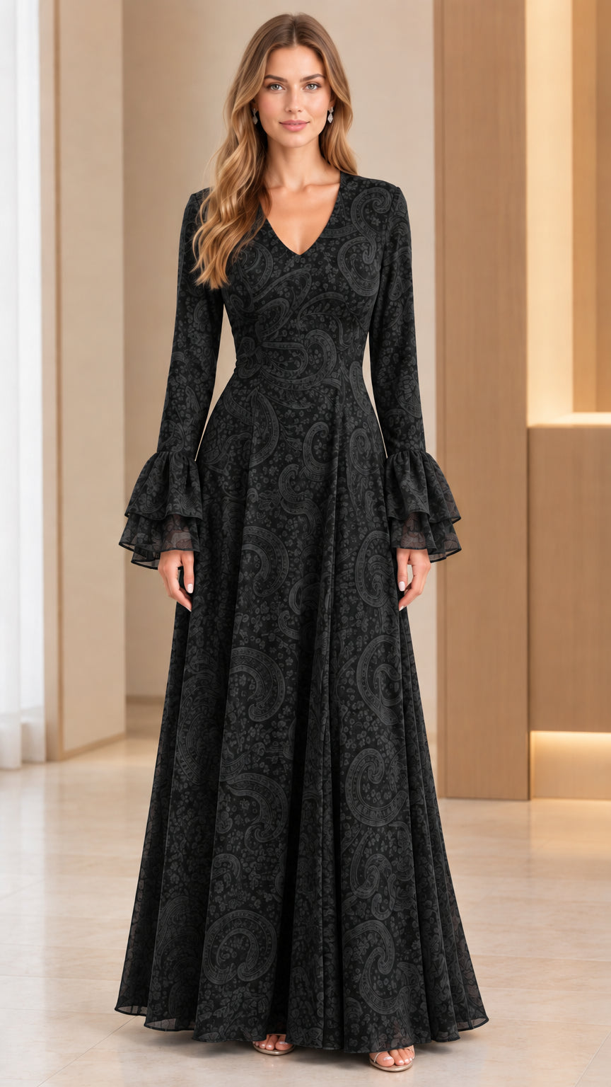Front full-length view of classic black jacquard evening maxi dress
