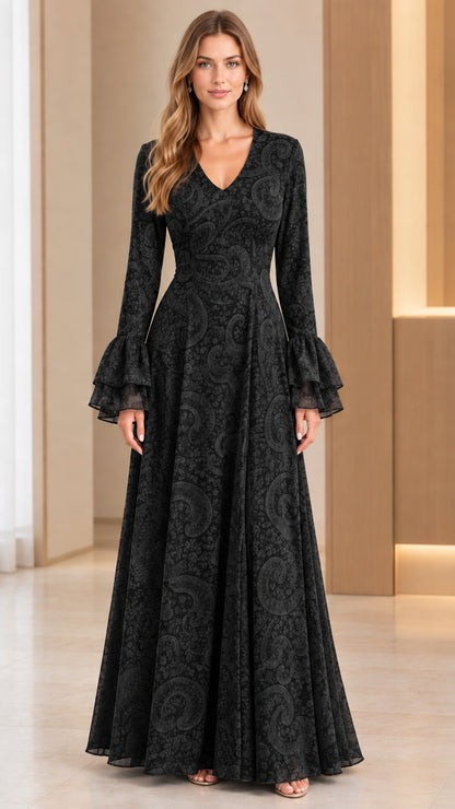 Front full-length view of classic black jacquard evening maxi dress