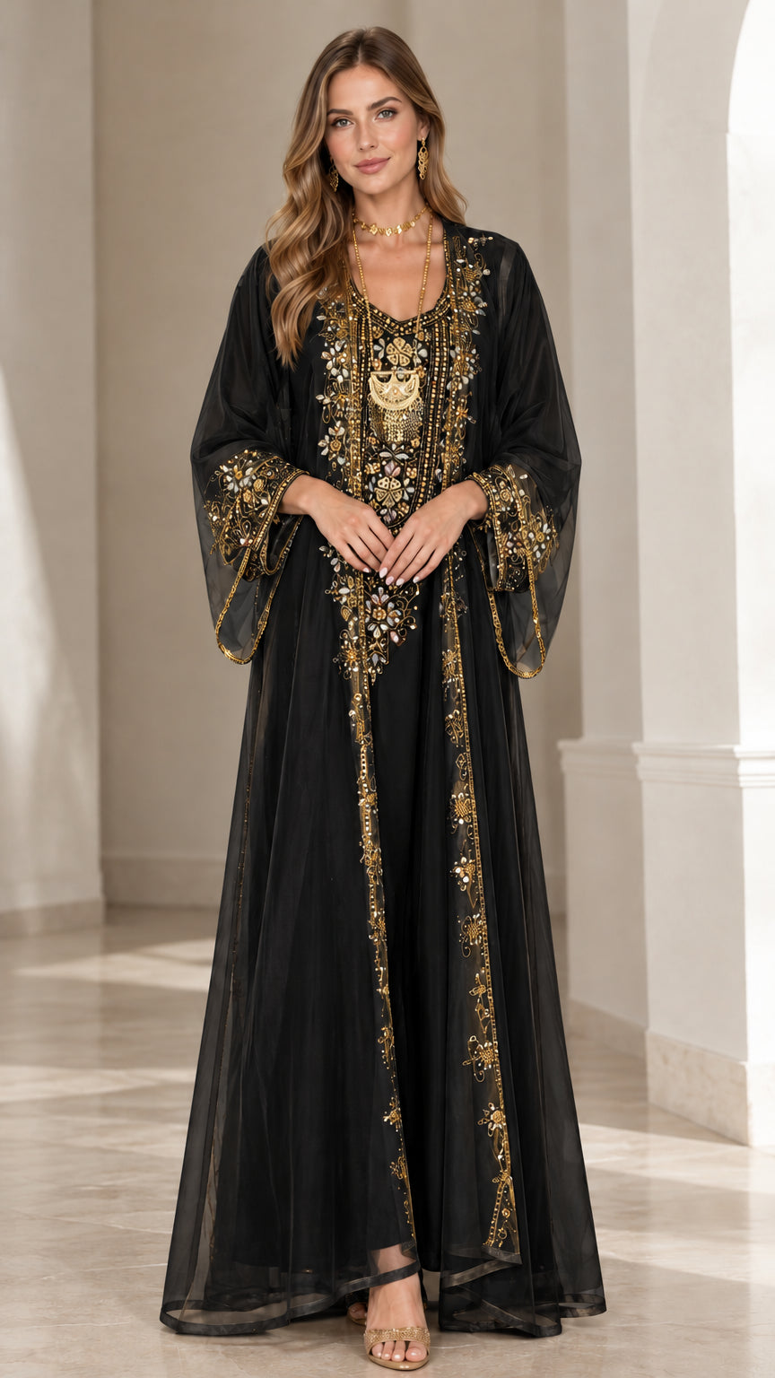 Black embroidered sheer overlay kaftan abaya maxi dress front view