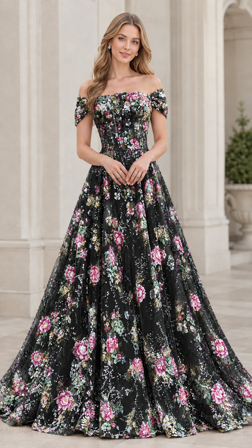 Model wearing Black floral sequin embroidered off-the-shoulder evening gown