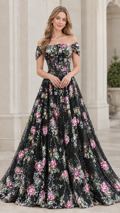 Model wearing Black floral sequin embroidered off-the-shoulder evening gown